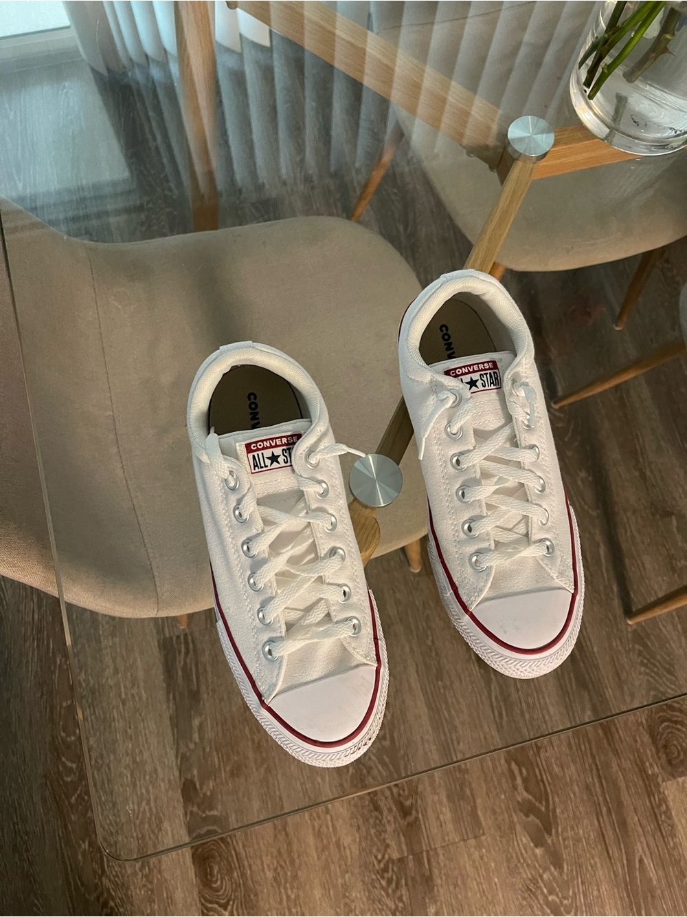 Converse All Star Low Top Athletic Sneakers in White with Red Trim